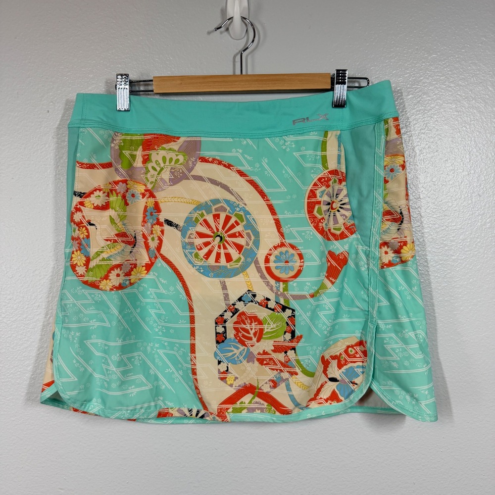 RLX Skort Women Large Aqua Japanese Floral Print Golf Tennis Athletic